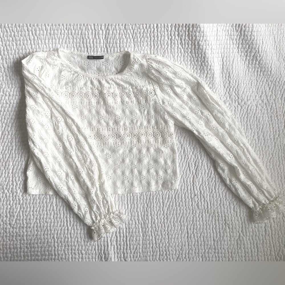 Zara white lace peasant blouse top size large